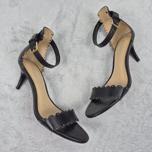Coach Monica Black Leather Scalloped Studded Ankle Strap Kitten Heel Sandals 7